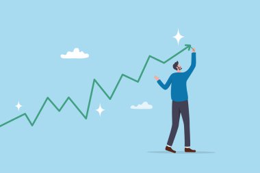 Finansal büyüme, yükselen ya da büyüyen işletme, ilerlemeyi ve kazancı artırmayı planlama, başarı başarı başarı stratejisi konsepti, mali büyüme grafiği çizimi.