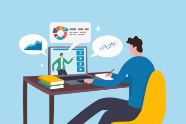 Çevrimiçi öğrenim kursu veya internet eğitimi webinar, uzaktan e-öğrenme, çevrimiçi öğretmenlik veya sınav, test, bilgi bilgeliği konsepti, genç adam evde bilgisayar dizüstü bilgisayar kursunda okuyor.