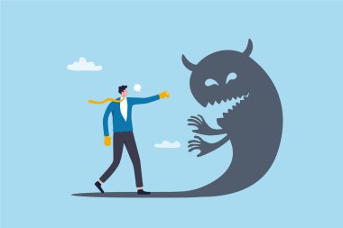 Korku, cesaret ya da iş kazanmak için cesaret, lider azmi, sakinlik ya da kendine güvenme, zorluk konsepti, cesaret işadamı kendi içinde korku canavarıyla savaşıyor..