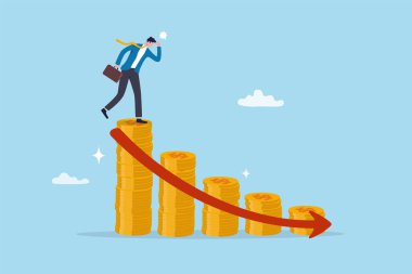 Kayıplar para yatırımı hatası başarısızlık, risk veya borç krizi durgunluğu, gider veya harcamalar para azalması veya düşüşüne neden oluyor, iflas kavramı, para basan işadamı servet kaybediyor.