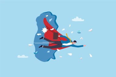 Liderlik bariyeri yeni bir kazanma fırsatı, icat çözme sorunu, başarı kavramı için karar ya da istek, güç bariyeriyle uçan iş adamı süper kahraman.