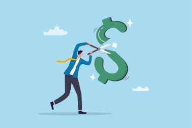 Gider azaltma, bütçe azaltma, faiz oranı veya kredi borcu düşüşü, durgunluk veya mali sorun krizi, vergi ödemesi, işadamı indirimi dolar kesinti işareti metaforu.