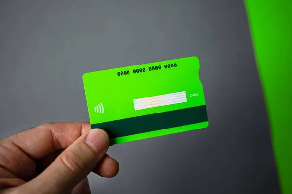 Green Plastic Bank Card Gray Background Mockup Plastic Card Chip — Stock Photo, Image