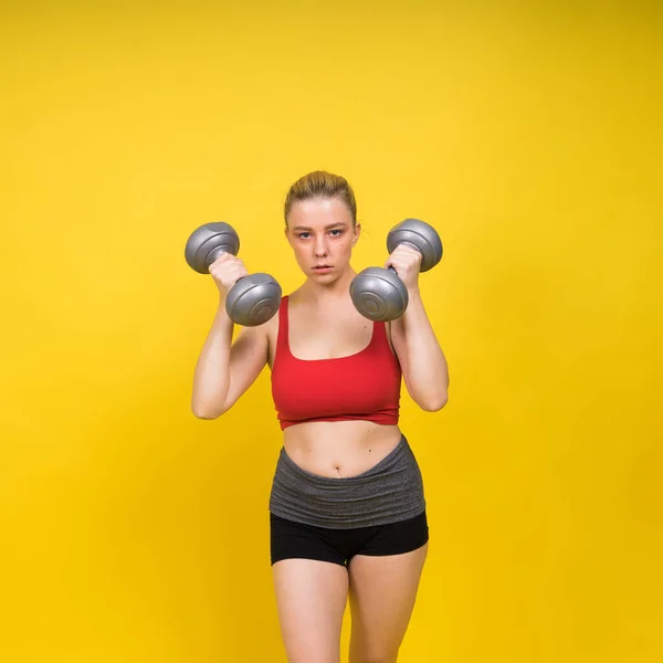 Smiling Young Plump Fitness Sporty Seductive Woman Working Out Doing — Stock Photo, Image