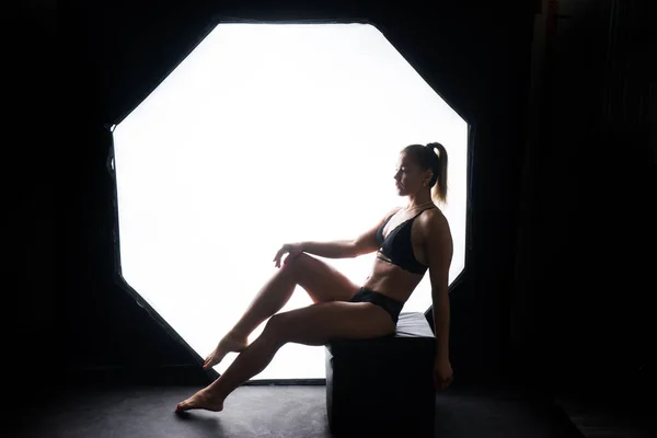 Silhouette Beautiful Young Woman Wearing Underwear Backlight — Stock Photo, Image