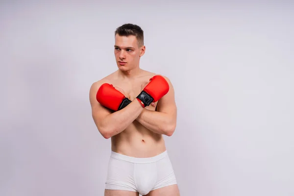 Bodybuilders Boxing Gloves White Background White Pants Athlete Model — Stock fotografie