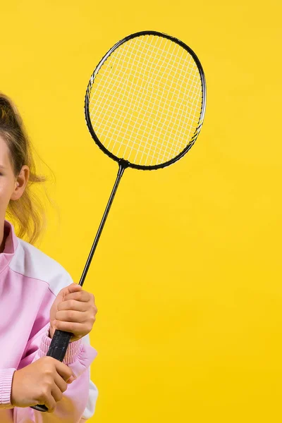 Full Length Studio Photo Ten Year Old Girl Holding Badminton — Stockfoto