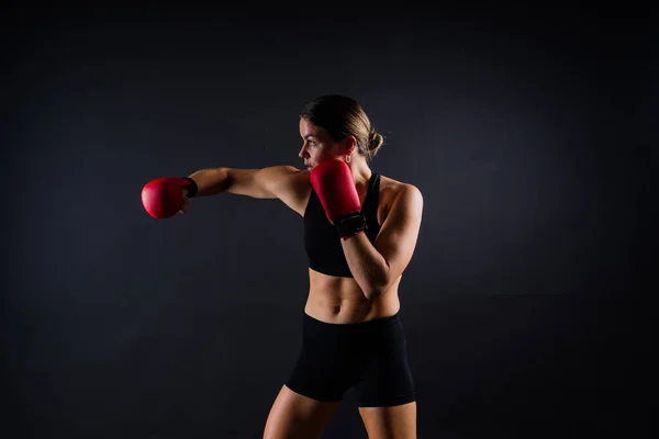 Strong Sportswoman Boxing Gloves Prepared High Kick Isolated White Red — Stock Photo, Image