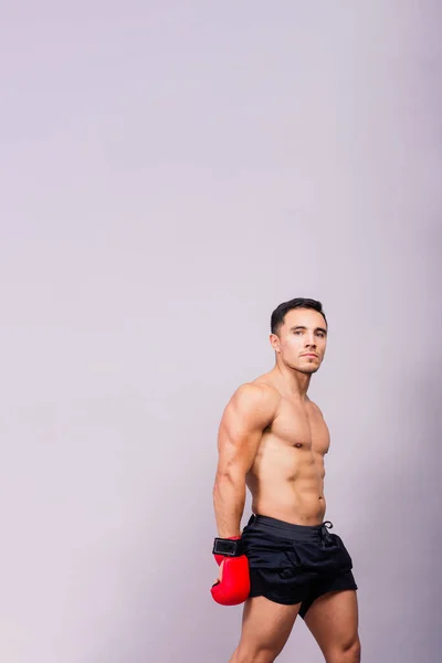 肌肉模特穿着灰色背景的拳击手套参加体育运动 雄鱼伸展肌肉 — 图库照片