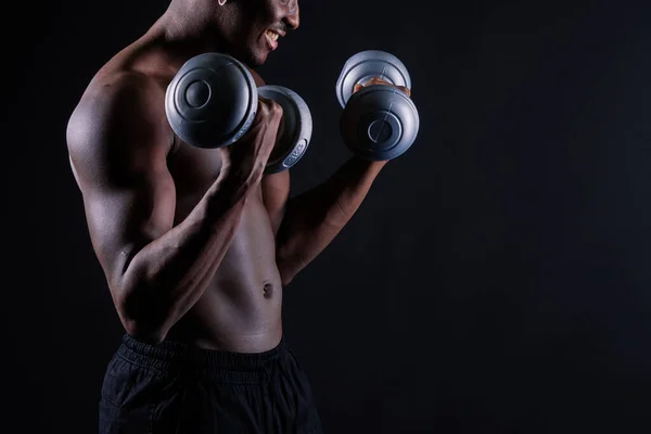 Confident Young Man Shirtless Portrait Training Dumb Bell Black Background — Stock Photo, Image