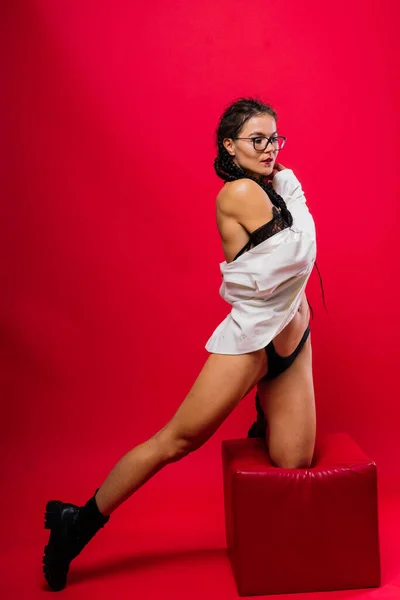 Beautiful Female Posing Black Underwear White Classic Suit Red Studio — Stock Photo, Image
