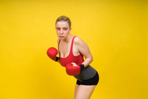 Image Seductive Young Woman Boxer Posing Isolated Yellow Red Background — Stock Photo, Image