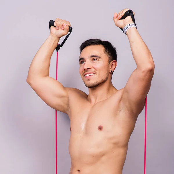 Athletic Man Skipping Jump Rope Grey Background Best Cardio Workout — 图库照片