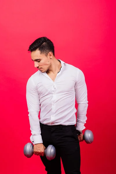 Business Man Fitness Dumbbells Wear Shirt Studio Shoot Red Background — Fotografia de Stock