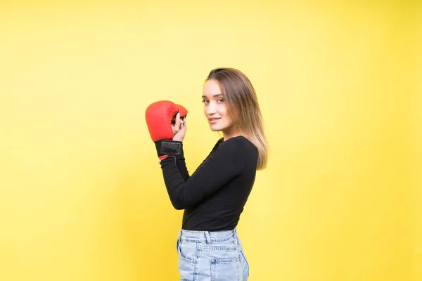 Portrait Young Woman Casual Clothes Hands Boxing Gloves Yellow Background — Stock Photo, Image