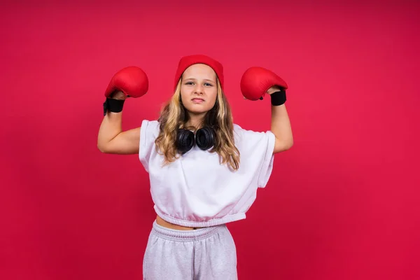 Cute Little Girl Boxing Gloves Red Background Studio — Stock Photo, Image
