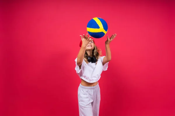 Portrait Cute Eight Year Old Girl Volleyball Outfit Isolated Red — Stock Photo, Image