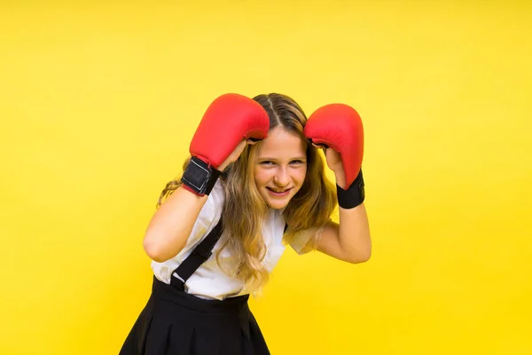 Little Girl Wearing Red Boxing Gloves Studio Shot Sport Conception — Stock Photo, Image