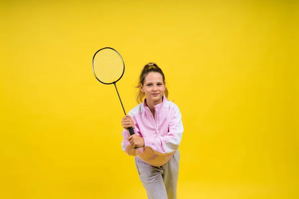Full Length Studio Photo Ten Year Old Girl Holding Badminton — 图库照片