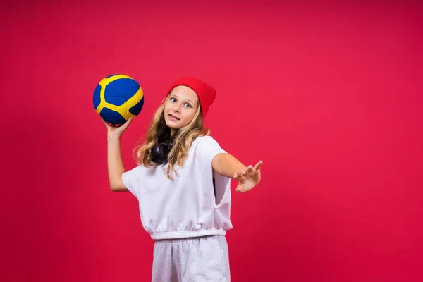 Portrait Cute Eight Year Old Girl Volleyball Outfit Isolated Red — Stock Photo, Image