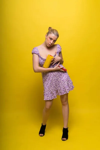 Beautiful Blonde Model Wearing Short Dress Bodysuit Holding Roller Brush — Stockfoto