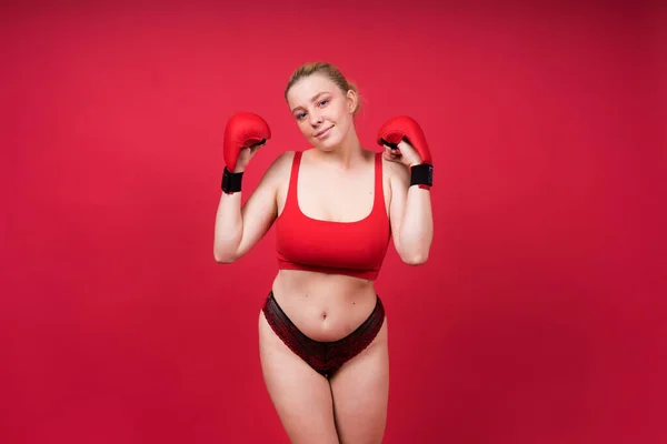 Boxer Seductive Confident Female Boxer Gloves Studio Sporty Woman Posing — Stock Photo, Image