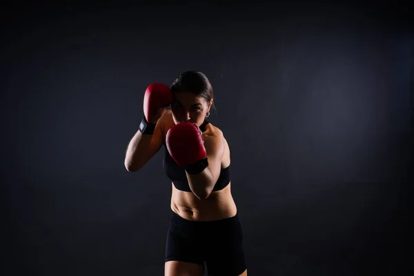 Woman Boxer Gloves Training Black Red Yellow Background — Stok fotoğraf