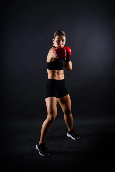 Woman Boxer Gloves Training Black Red Yellow Background — 图库照片