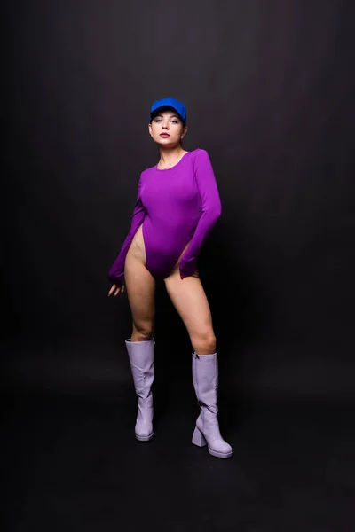 Attractive Slender Brunette Girl Violet Bodysuit Underwear Studio Body Care — Stock Photo, Image