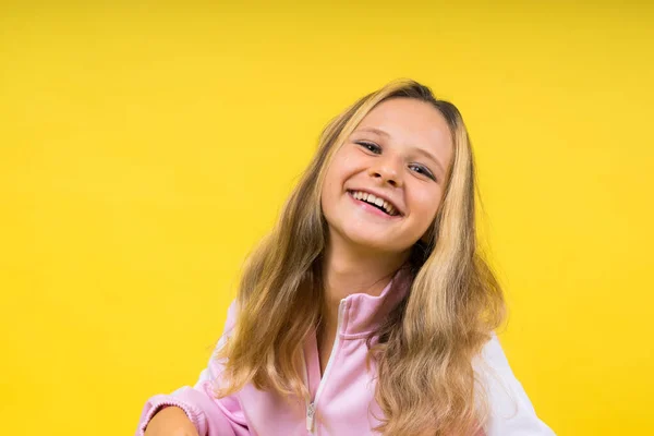 Stock image Little kid girl 12,13, 14 years old isolated background. Happy teenager, positive and smiling.