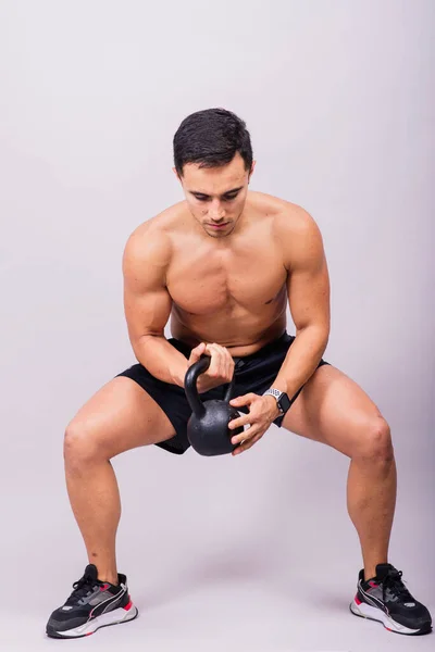 Handsome Muscular Man Holding Kettle Bell Copy Space Hispanic Male —  Fotos de Stock