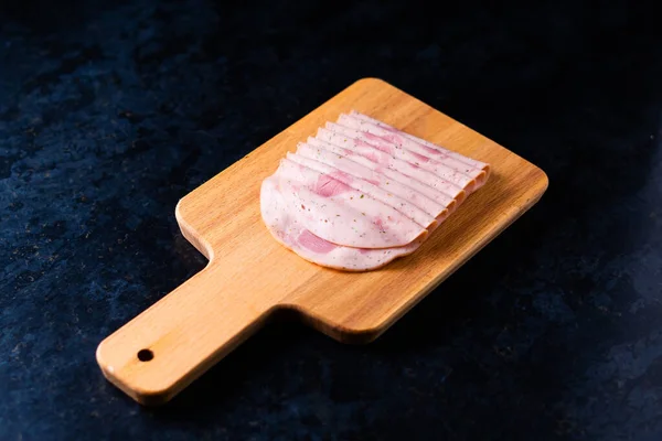 Slices Sausage Mortadella Onion Cutting Board — Stockfoto