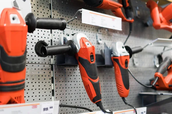 Tool for work, repair and construction in a store. Wired power tools and battery powered equipment