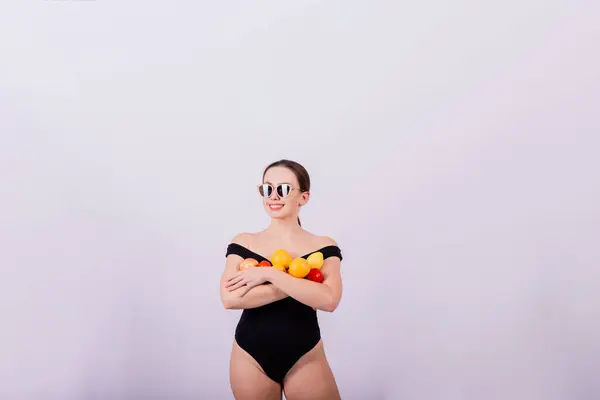 Smiling Cool Girl Sun Glasses Black Swimsuit Posing Fruits Laughing — Stock Photo, Image
