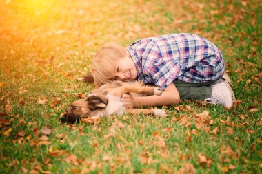 Tatlı çocuk çayırda köpeğiyle oynuyor ve yürüyor..