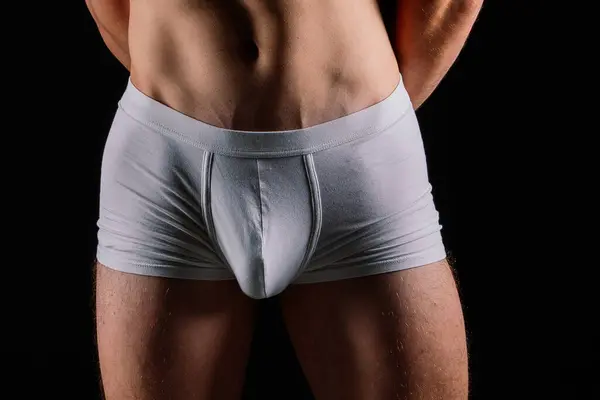 Belly Hips Young Caucasian Sporty Man White Trunks Underpants Close Stock Picture