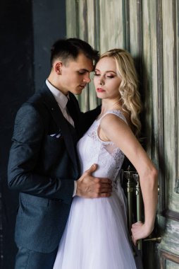 Klasik bir stüdyonun içinde sevimli bir evlilik çifti. Öpüşüyorlar ve sarılıyorlar..