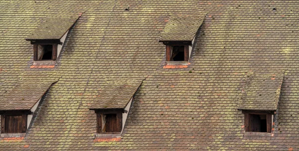 Detalhe Arquitetônico Mostrando Alguns Dormers Madeira Históricos Telhado Medieval — Fotografia de Stock