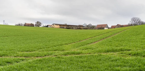 Klein Plattelandsdorp Met Boerderijen Landbouwgebouwen Zuid Duitsland Het Vroege Voorjaar — Stockfoto