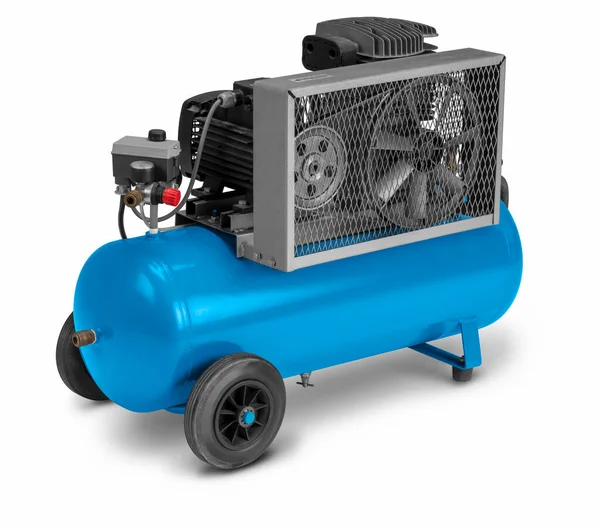 Blå Luftkompressor Isolerad Vit Rygg Med Skugga — Stockfoto
