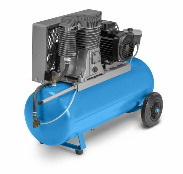 Blå Luftkompressor Isolerad Vit Rygg Med Skugga — Stockfoto