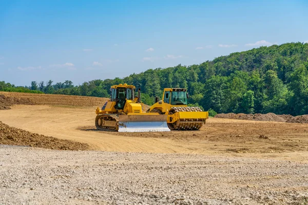 Bulldozer Roller Compactor Side Side Building Lot — Stock Photo, Image