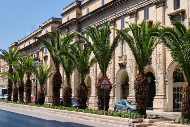 St. Anne Caddesi 'ndeki yemyeşil palmiye ağaçları ve manzaralı yapılar - Floriana, Malta