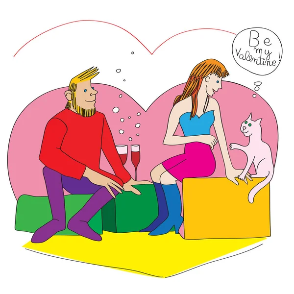 情人节浪漫情侣问候卡片 一对年轻夫妇与一只可笑的粉红猫约会的艺术形象 文字上的言语泡沫 白色上的涂鸦 — 图库照片