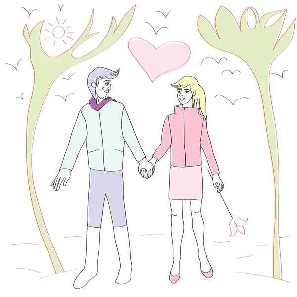 情人节浪漫恋人的问候卡片 与一对年轻夫妇在户外的艺术插画 白色的涂鸦 — 图库照片