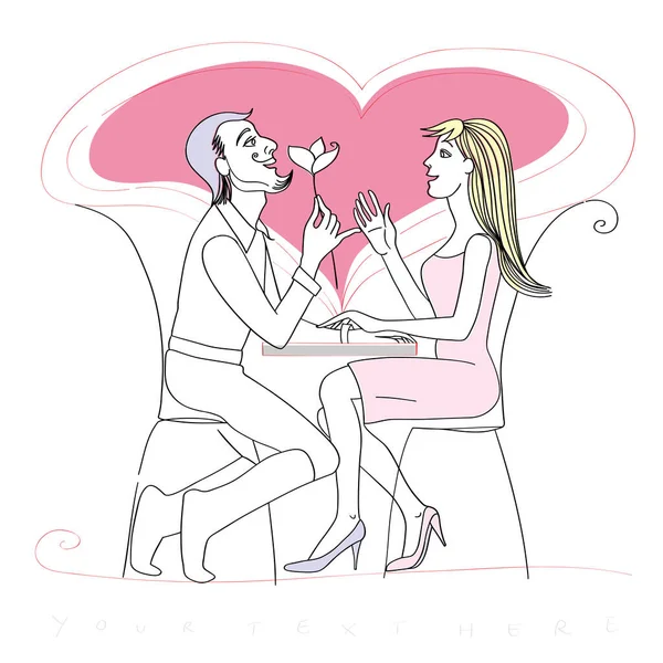 情人节浪漫情人的问候卡片 与一对年轻夫妇在一起的艺术插图 文字的地方 白色的涂鸦 — 图库照片