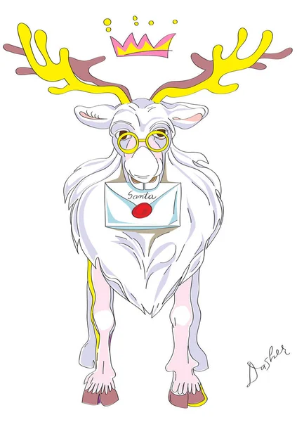圣诞老人的驯鹿达斯赫的手绘插图 白色背景的彩色卡通画 — 图库照片