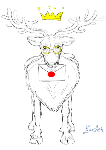 圣诞老人的驯鹿达斯赫的手绘插图 画了一幅以白色背景为背景的漫画 — 图库照片