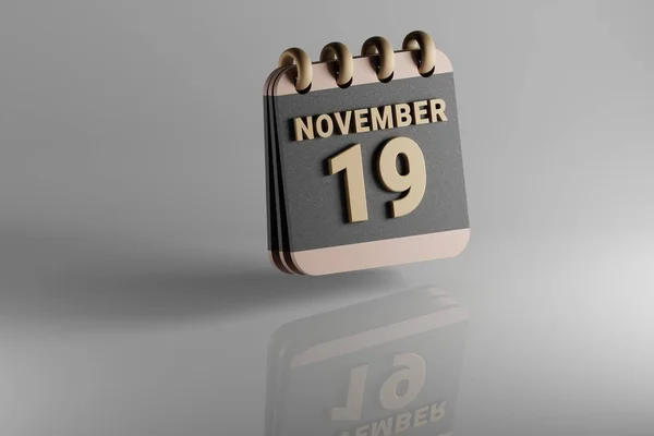 Standing black and golden month lined desk calendar with date November 19. Modern design with golden elements, 3d rendering illustration. White ceramic reflection background..