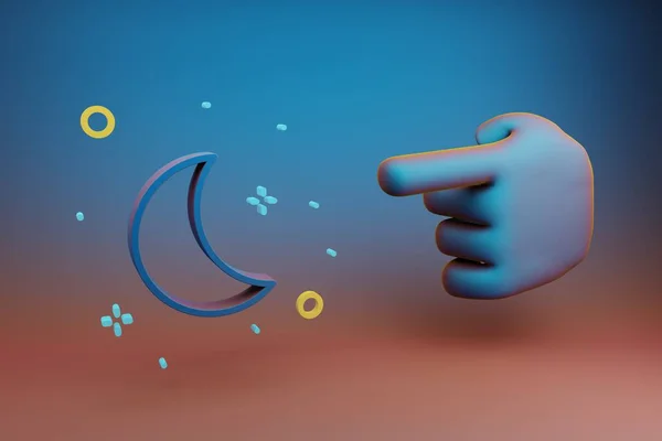Beautiful illustrations abstract Hand index finger points to Moon and start symbol icon on a multicolor bright background. 3d rendering illustration. Background pattern for design. Space exploration.